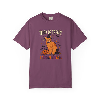 Halloween Cat Shirt, Trick or Treat I Choose Chaos Tee, Funny Cat Halloween Gift, Orange Cat Lover Shirt, Cat Mom Halloween, Spooky Cat Tee