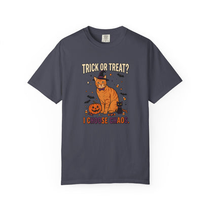 Halloween Cat Shirt, Trick or Treat I Choose Chaos Tee, Funny Cat Halloween Gift, Orange Cat Lover Shirt, Cat Mom Halloween, Spooky Cat Tee