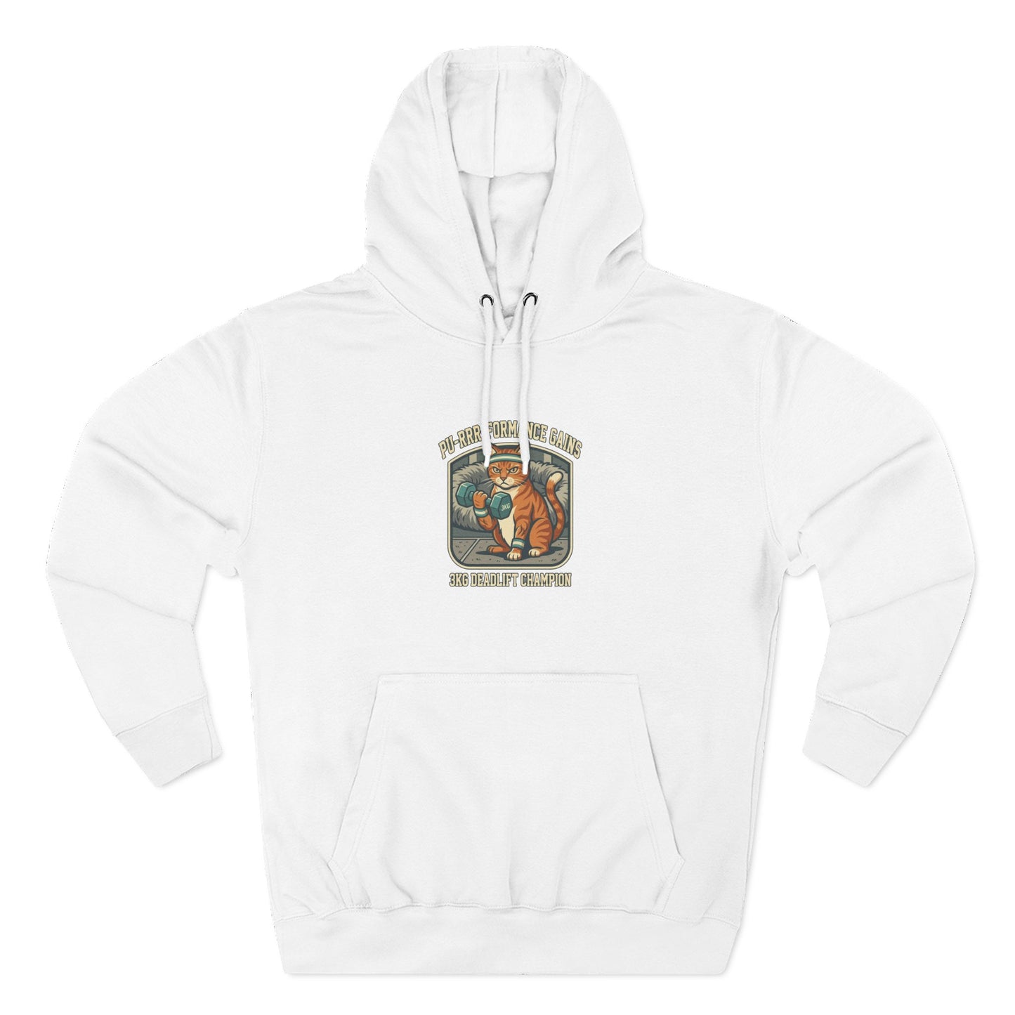 Funny cat workout hoodie with muscular cat lifting weights design on gray pullover