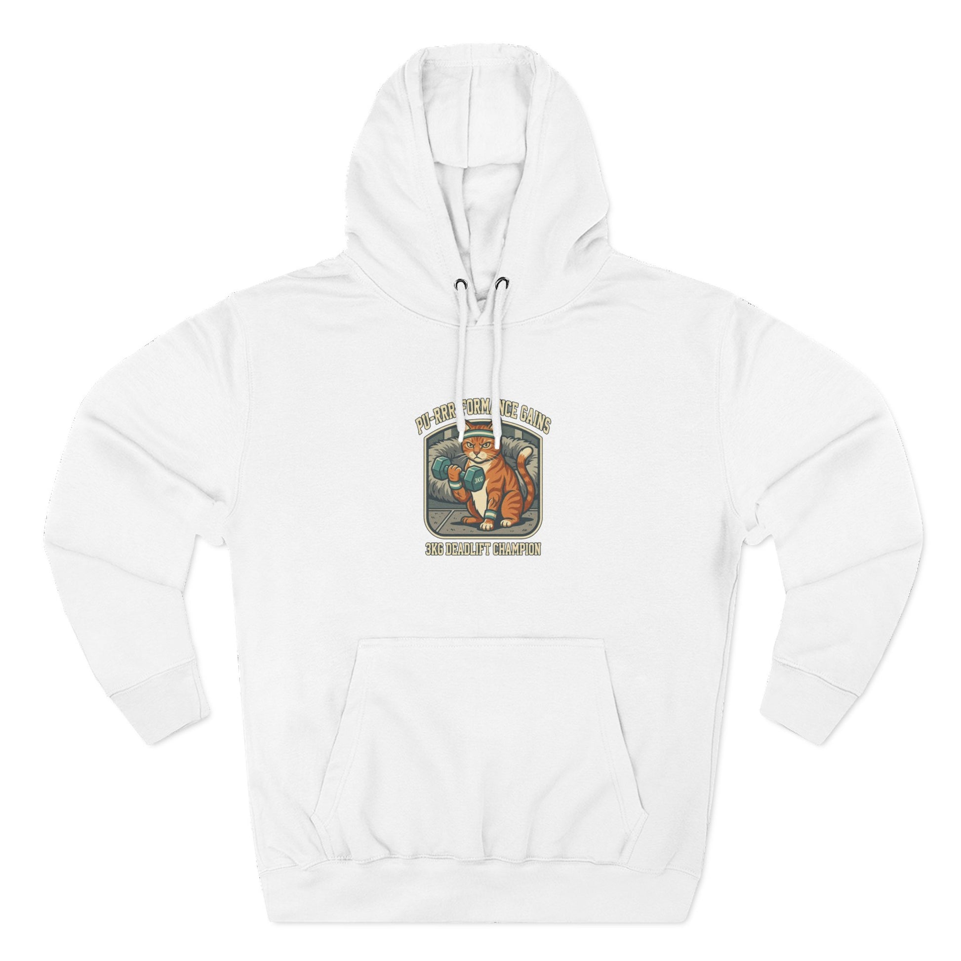 Funny cat workout hoodie with muscular cat lifting weights design on gray pullover