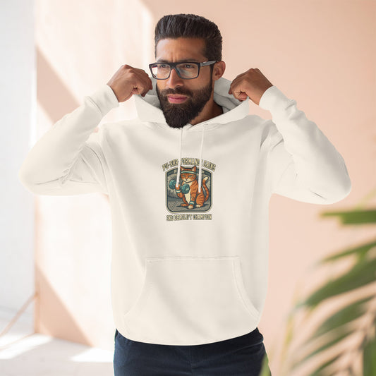Gray cat gym hoodie with funny buff cat lifting weights graphic and text purrformance gains
