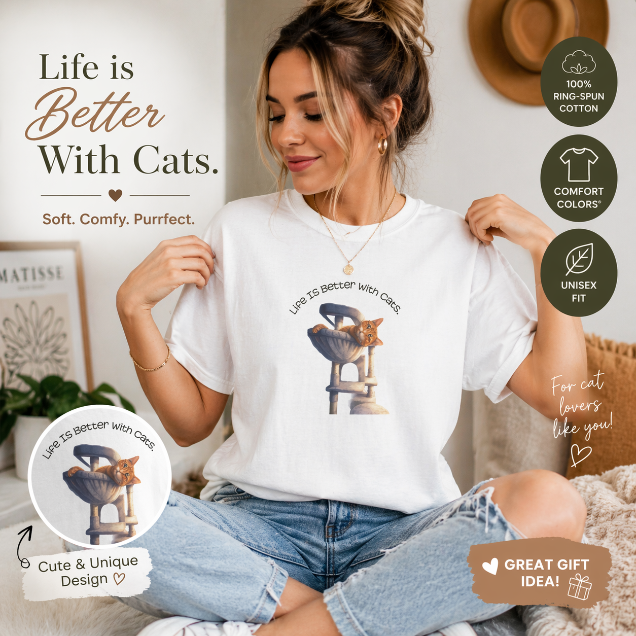 Cute Cat Lover T-Shirt Life Is Better with Cats Graphic Tee, Soft Unisex Cat Shirt Gift