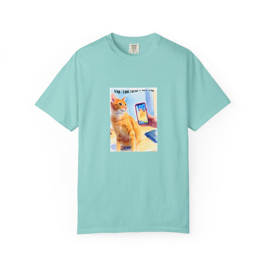 Funny sarcastic cat meme graphic on unisex cat lover t-shirt