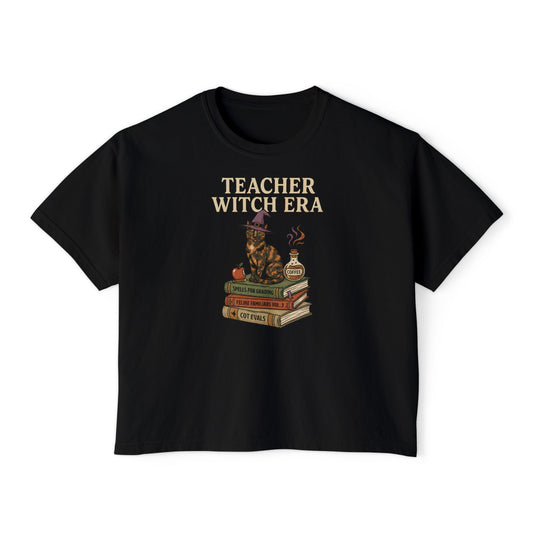 Teacher Witch Era Boxy Tee, Funny Teacher Shirt, Cat Teacher Top, Witchy Teacher Gift, Women's Halloween Teacher Tee, Cat Mom Teacher Shirt