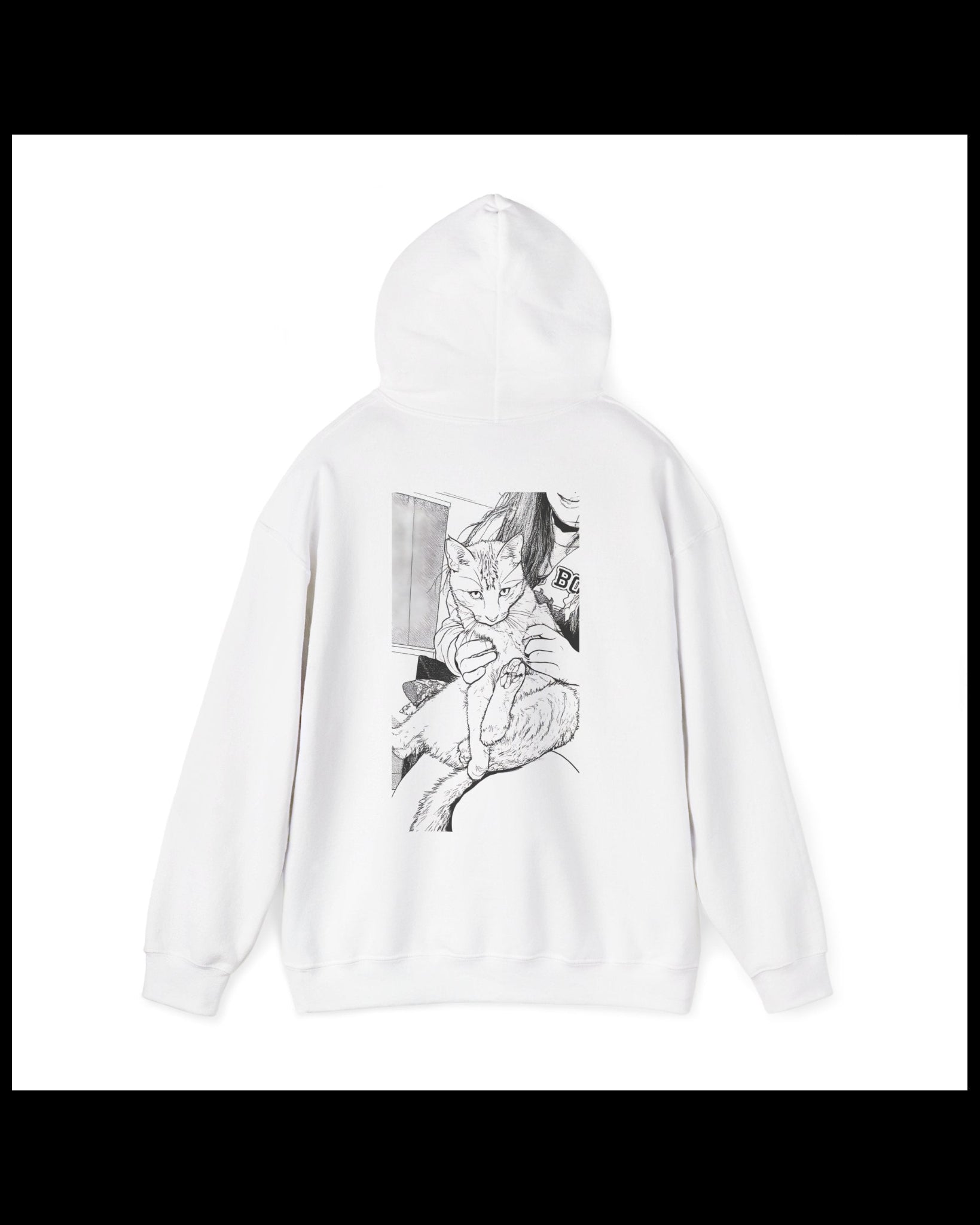 White hoodie with black and white graphic design on a white background