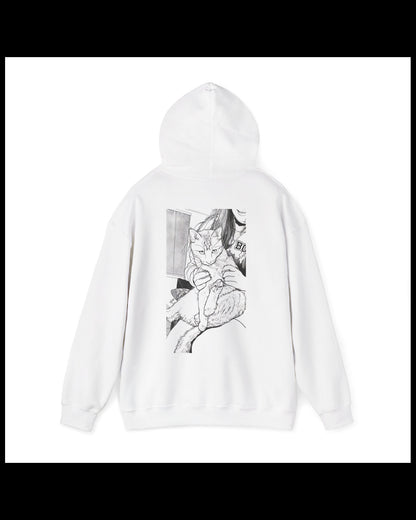 White hoodie with black and white graphic design on a white background