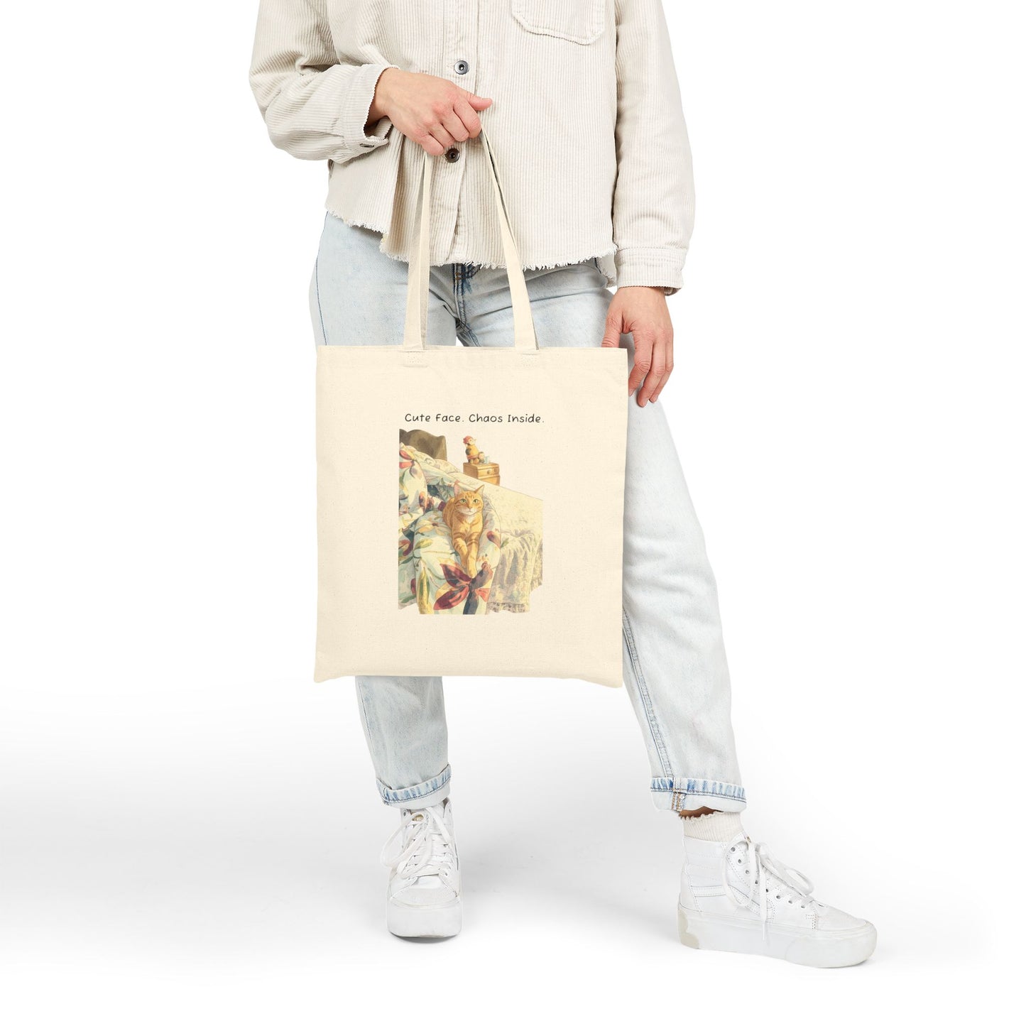 Cotton Canvas Tote - Vintage Painting Cute Face Chaos Inside Art Shopper Bag