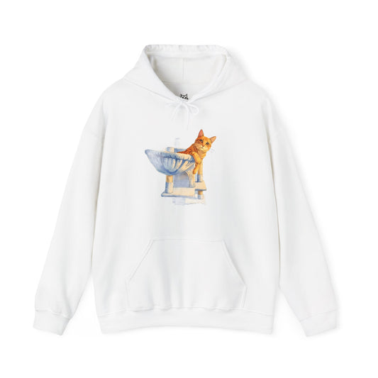Beige cat lover hoodie with cute cat lounging on a cat tree graphic on front